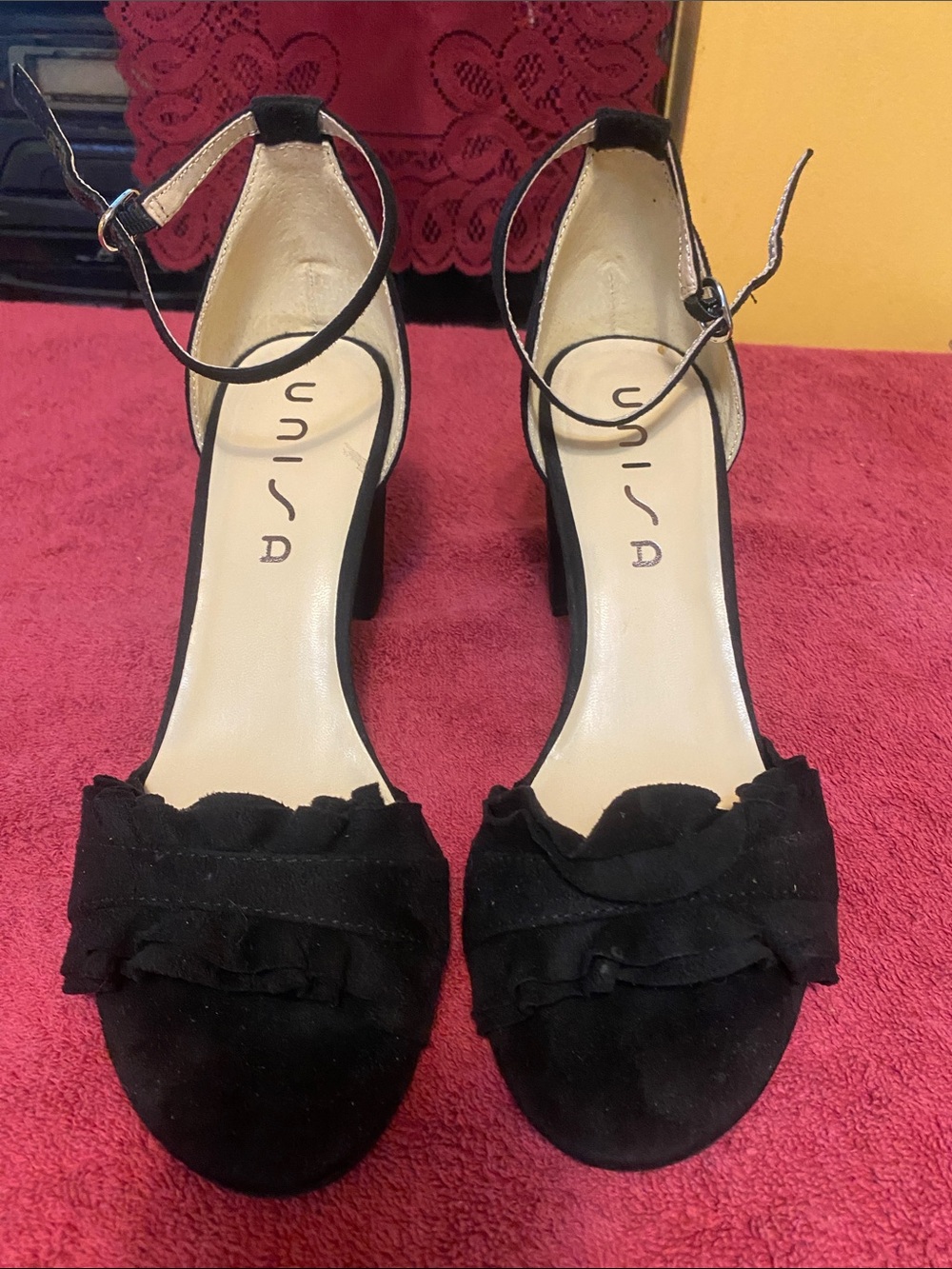 Unisa Black Ruffle Suede Ankle-Strap Heels